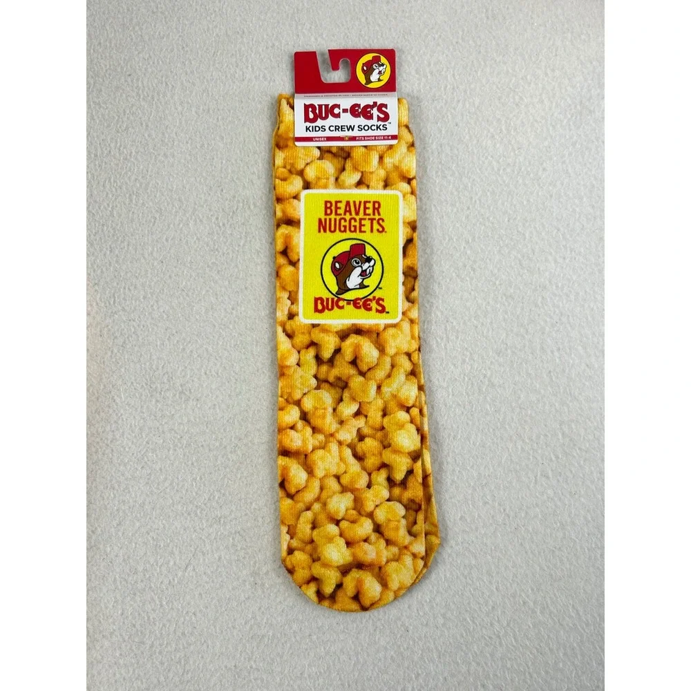 Buc-ee's Beaver Nuggets Crew Socks Kids 11-4 Yellow Novelty